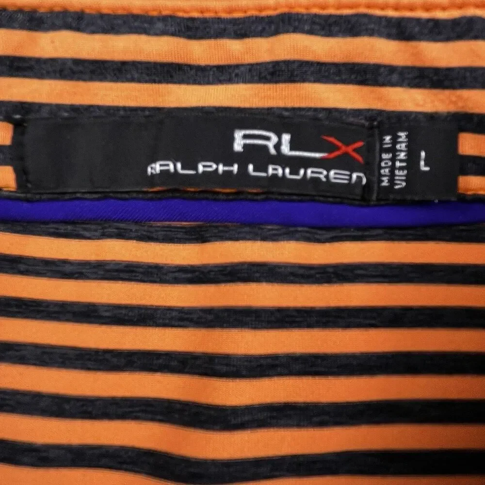 Ralph Lauren RLX Polo Shirt Mens Large Orange Black Stripe Performance Golf Tour